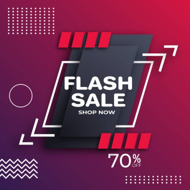 Sosyal medya ve web sitesi reklamları için Flash Pazarlama afişi tasarımı. Alışveriş yap. Satış kampanyası. % 70 'e kadar indirimli. Gerçekçi 3d Flash Satış Arkaplanı. % 70 indirim..