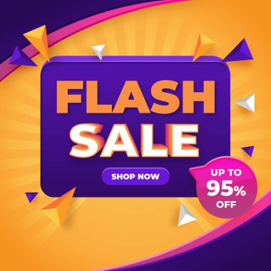 % 95 'e varan indirimli Flash Satış Banner. Çizim. Alışveriş yap. % 95 indirim. Vektör. Sosyal Medya ve Web Sitesi Reklamları için Flash İndirim Şablonu.