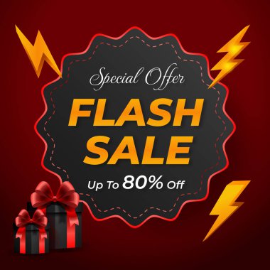 Kırmızı ve Kara Arkaplanda Altın Gök Gürültüsü Tabelası ve Hediye Kutusu olan Flash Satış Bayrağı% 80 indirimli. Vektör. Özel bir teklif. % 80 indirim. resimleme.