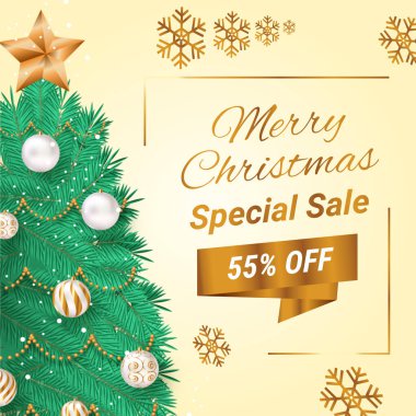 Mutlu Noeller, altın kar tanesi ve% 55 indirimli Noel ağacı. Özel indirim. Alışveriş yap. Mutlu Noeller, indirimli bayrak% 55 'e yükseldi. Vektör. İllüzyon. % 55 indirim..