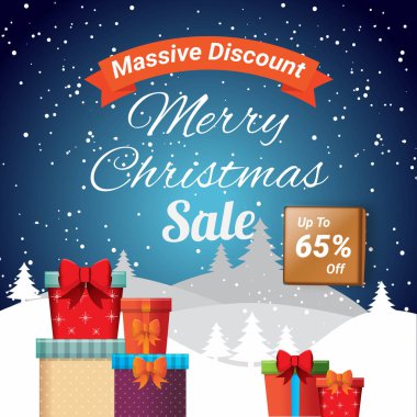 Christmas sale in flat design. Merry Christmas banner snowfall and Christmas Gifts with up to 65% off. Massive Discount. 65% off. Special Sale. Up to 65% Discount. Shop Now. clipart