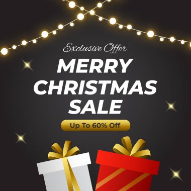 % 60 indirimli Mutlu Noeller Bayrağı. Vektör. İllüzyon. Sosyal medya reklamları için hediye kutulu Noel Posteri. % 60 indirim. Özel Teklif.