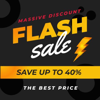 % 40 'a varan indirimli flamalar. Siyah Arkaplanda Altın Gök Gürültüsü İşareti olan Flash Satış Sancağı. Büyük İndirim. % 40 indirim. Vektör İllüstrasyonu. En İyi Fiyat.