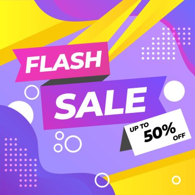 Soyut Renkli Flaş Satış Sancağı% 50 indirimli. Sosyal medya ve web sitesi reklamları için Flash Pazarlama afişi tasarımı. % 50 İndirim. 
