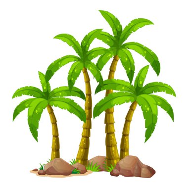 Dört palmiye ağacı ve beyaza izole edilmiş kayalar. Vektör illüstrasyonu. 