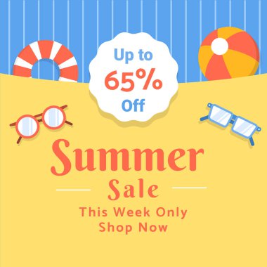 Sarı arka planda, güneş gözlüğü, voleybol ve yüzme tüpü tasarımlı yaz indirimi afişi. % 65 'e kadar indirimli. Sadece bu hafta. Vektör. Alışveriş yap. % 65 indirimli. Görüntü. 
