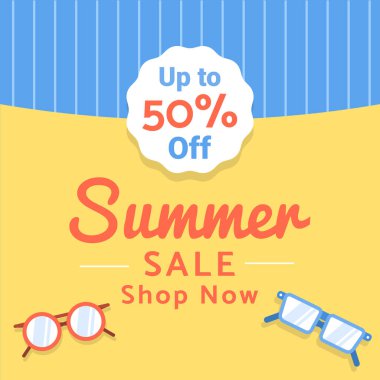 Sarı arka planda, güneş gözlüğü tasarımı ve% 50 indirimli yaz indirimi afişi. Alışveriş yap. Vektör. % 50 indirim. Görüntü. 