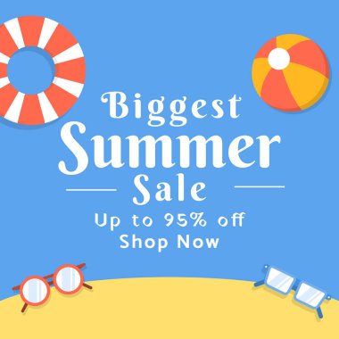 Sosyal medya reklamları için en büyük yaz indirimi afişi, güneş gözlüğü, plaj topu ve yüzme tüpü. % 95 indirimli. Vektör. % 95 indirimli. İllüzyon. Çevrimiçi İlanlar.