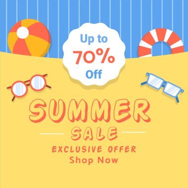 Sarı ve mavi arka planda, güneş gözlüğü, plaj topu ve yüzme tüpü tasarımlı yaz indirimi afişi. % 70 'e kadar indirimli. Özel bir teklif. Vektör. Alışveriş yap. % 70 indirimli. Görüntü. 