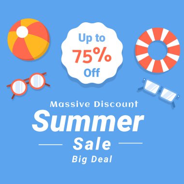 Summer Sale Banner açık mavi arka plan, güneş gözlüğü, plaj topu ve yüzme tüpü tasarımı. % 75 indirimli. Büyük İndirim. Aman ne önemli. Vektör. % 75 indirimli. İllüzyon. Çevrimiçi İlanlar.