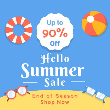 Sosyal medya reklamları için güneş gözlüğü, plaj topu ve yüzme tüpü tasarımlı Hello Summer Sale Banner. % 90 indirimli. Sezon Sonu. Alışveriş yap. Vektör. % 90 indirimli. Görüntü.