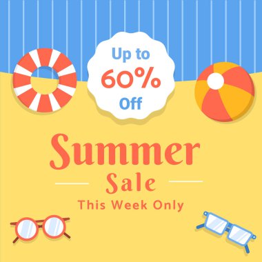 Sarı arka planda, güneş gözlüğü, voleybol ve yüzme tüpü tasarımlı yaz indirimi posteri. % 60 'a kadar indirimde. Sadece bu hafta. Vektör. % 60 indirimli. Görüntü. 