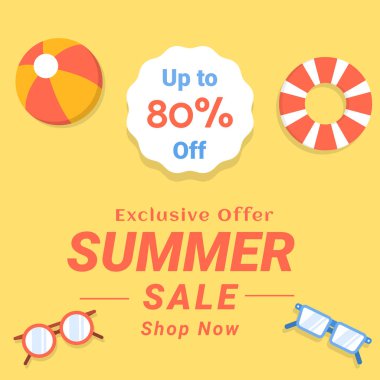 Sosyal medya reklamları için yaz indirimi afişi sarısı arka plan. % 80 'e kadar indirimli. Özel bir teklif. Alışveriş yap. Vektör. % 80 indirimli. Görüntü.