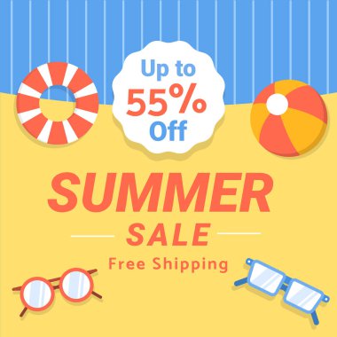 Sosyal medya reklamları için sarı arka planda% 55 indirimli yaz indirimi afişi. Ücretsiz nakliye. Vektör. % 55 indirim. Görüntü. 