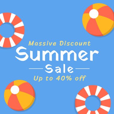 Sarı Bayrak 'ta yaz indirimi, voleybol ve% 40 indirimli yüzme tüpü tasarımı ile açık mavi arka plan. İllüzyon. İndirim% 40 'a çıktı. Büyük İndirim. Vektör.