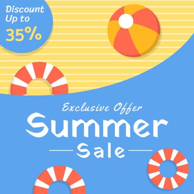 Yaz Satışı Banner in Yellow ve açık mavi arkaplan Yüzme tüpleri tasarımı ve indirimi% 35 'e kadar. Özel bir teklif. Vektör. % 35 'e kadar indirimli. Görüntü.