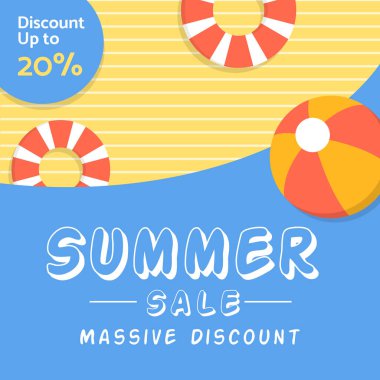 Merhaba Yaz Satışı afişi ya da yüzme tüpü ve voleybol tasarımı% 20 indirimli poster. Büyük İndirim. Çizim Vektörü. İndirim% 20 'ye çıktı..