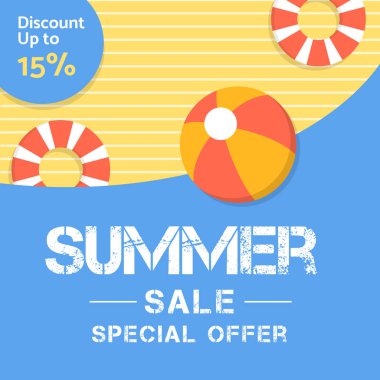 Sarı Bayrak Yaz Satışı ve açık mavi arka plan% 15 'e kadar indirimli. İllüzyon. Özel bir teklif. Vektör. Yüzde 15 indirimli..