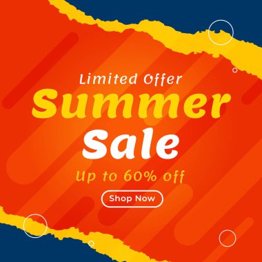 Yaz Satışı Posteri. Sınırlı Teklif. Web sitesi ilanları için% 60 'a varan indirimli Yaz İndirimli Vektör Banner. İllüzyon. Alışveriş yap. % 60 'a kadar indirimde..