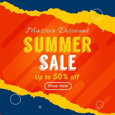 Sosyal medya ve internet siteleri için% 50 'ye varan indirimli yaz indirimi reklamları. Büyük İndirim. Vektör. Alışveriş yap. Yaz Satışı. % 50 indirim. Görüntü.