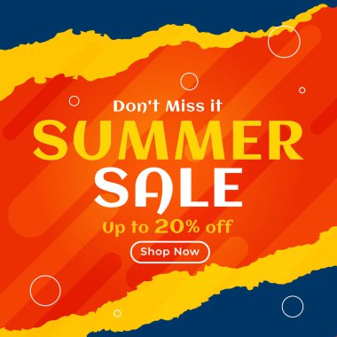 Çevrimiçi reklamlar için% 20 'ye varan indirimli Yaz İndirimi Posteri. İllüzyon. Sakın kaçırmayın. Vektör. Alışveriş yap. % 20 indirim. Yaz Satışı.