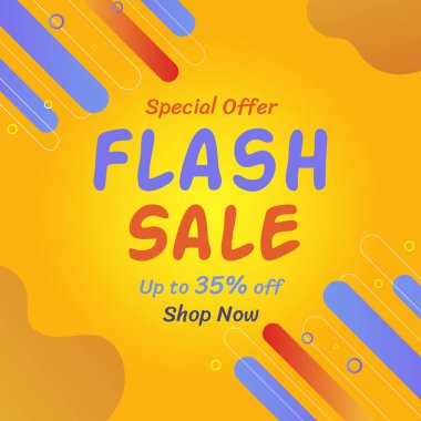 Sarı arka planda flaş indirimli bayrak ve% 35 'e kadar indirimli renkli şerit. Vektör İllüstrasyonu. Özel bir teklif. Alışveriş Şimdi.