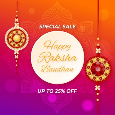 Mutlu Raksha Bandhan. % 25 'e kadar indirimli. Vektör çizimi. Kardeş Bond. Rakhi Teklif. Rakhi (bileklik) satışı. % 25 indirim..