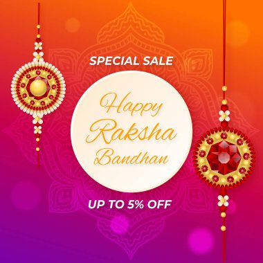Mutlu Raksha Bandhan. % 5 'e kadar indirimli. Vektör çizimi. Kardeş Bond. Rakhi Teklif. Rakhi (bileklik) satışı. % 5 indirim..