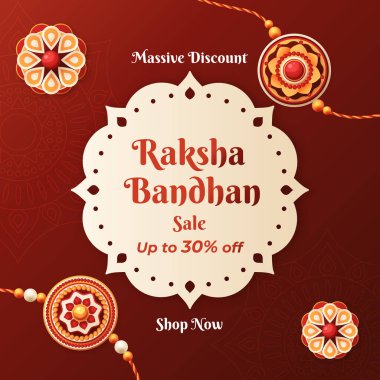 Sosyal medya ve internet reklamları için Kahverengi Arkaplanda Raksha Bandhan Satış Bayrağı. % 30 'a kadar indirimli. Vektör. Özel bir teklif. % 30 indirimli. İllüzyon. Alışveriş Şimdi.