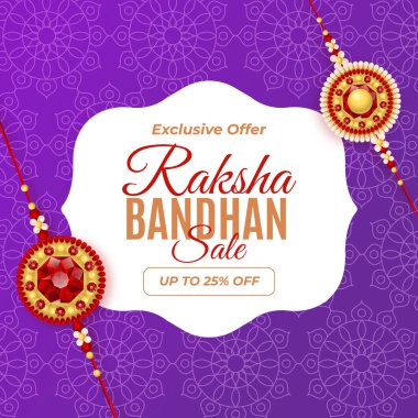 Raksha Bandhan İndirimli Poster Dekoratif Rakhi Tasarımı ve% 25 indirimli. Vektör. Özel bir teklif. % 25 indirimli. Görüntü.