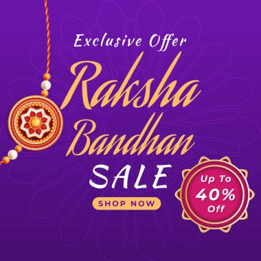 Raksha Bandhan Satış Sancağı. Renkli bir arka planı olan Rakhi tasarımı.% 40 indirimli. Özel bir teklif. Vektör. İllüzyon. % 40 indirimli. Alışveriş Şimdi.