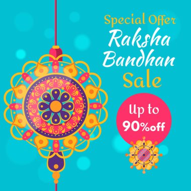 Raksha Bandhan 'ın Güzel Rakhi ve İndirimli Bayrağı% 90 indirimli. Özel bir teklif. Vektör. İllüzyon. % 90 indirim.