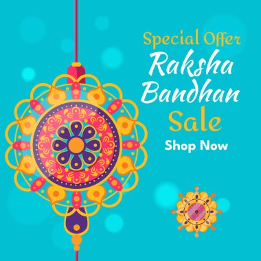 Raksha Bandhan Satış Bayrağı ve Güzel Rakhi Tasarımı. Özel bir teklif. Vektör. İllüzyon. Alışveriş Şimdi.
