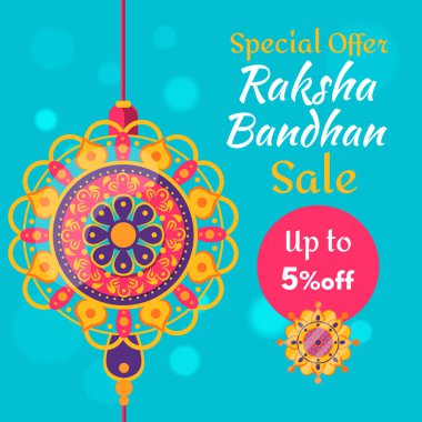 Raksha Bandhan 'ın Güzel Rakhi ve İndirimli Bayrağı% 5 indirimli. Özel bir teklif. Vektör. İllüzyon. % 5 indirim.