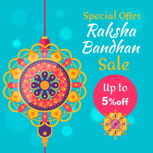 Raksha Bandhan 'ın Güzel Rakhi ve İndirimli Bayrağı% 5 indirimli. Özel bir teklif. Vektör. İllüzyon. % 5 indirim.