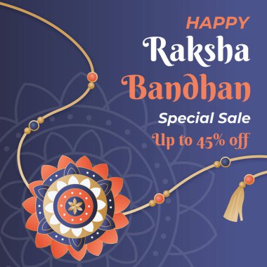 Koyu mavi arka planda mutlu Raksha Bandhan Özel İndirim afişleri. % 45 indirimli indirimli özel indirim. Sosyal medya ve web sitesi reklamları için Rakhi Satış Posteri. Vektör. İllüzyon. % 45 indirim..