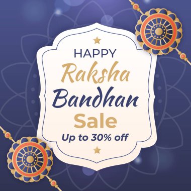 Mutlu Raksha Bandhan indirimi% 30 'a çıktı. Donanma mavisi arka planı ve merkezi kalkan şeklinde beyaz rozeti olan dekoratif bir afiş. % 30 indirimli. Vektör İllüstrasyonu.