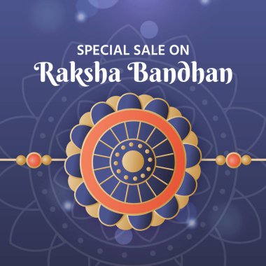 Resimlerde mavi ve altın renkli dairesel Rakhi tasarımı, radyal simetri ve dekoratif desenler yer alıyor. Raksha Bandhan 'da özel indirim. Vektör İllüstrasyonu.