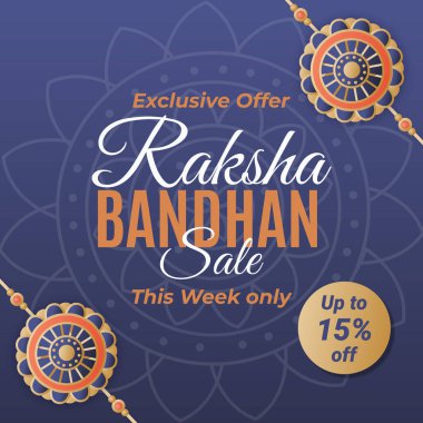 Raksha Bandhan İndirimli Sancak, dekoratif Rakhi Tasarım ve İndirim% 15 indirimli derin mavi arka planda. Satış afişinin Vektör İllüstrasyonu. Sadece bu hafta. Özel Teklif.