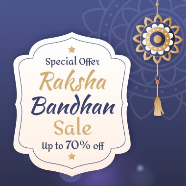 Raksha Bandhan 'ın satışı için dekoratif bir arkaplanda% 70' e varan indirimle özel teklif duyurusu. Rakhi (Bileklik) sosyal medya reklamları ve paylaşımları için satış. % 70 indirimli. Vektör. Görüntü.