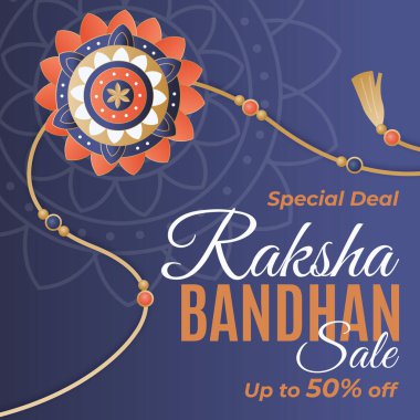 Koyu mavi arka planda renkli Rakhi tasarımı. % 50 'ye varan indirimlerle ilgili özel bir anlaşma. Raksha Bandhan İnternet ve Çevrimdışı reklamlar için indirimli poster. Vektör Banner. Görüntü.