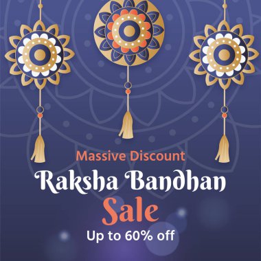 Altın, mavi ve beyaz desenli üç adet Rakhi (geleneksel Hint bileziği) desenli dekoratif grafik. Büyük İndirim. Raksha Bandhan% 60 indirim teklif ediyor..