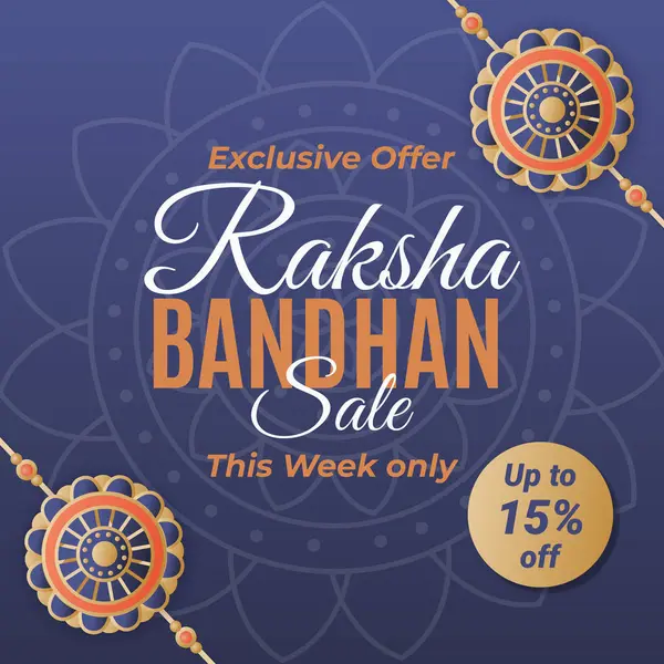Raksha Bandhan İndirimli Sancak, dekoratif Rakhi Tasarım ve İndirim% 15 indirimli derin mavi arka planda. Satış afişinin Vektör İllüstrasyonu. Sadece bu hafta. Özel Teklif.