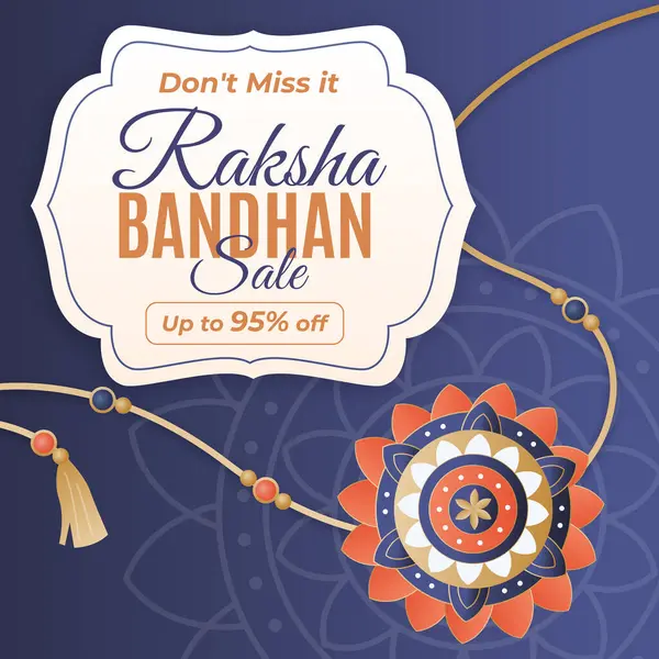 Raksha Bandhan Satış posteri, turuncu, mavi ve altın renkli eşmerkezli çiçek desenli büyük bir Rakhi tasarımı içeriyor. Rakhi indirimli afişi% 95 indirimli. Kaçırma..