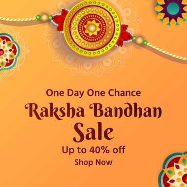 Raksha Bandhan 'ın turuncu posteri. Karmaşık kırmızı, sarı ve altın elementli dekoratif bir Rakhi içeriyor. Metin 