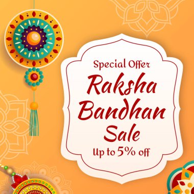 Sosyal medya reklamları için Raksha Bandhan Satış Banner. Özel bir teklif. Yüzde beşe kadar indirimli. Vektör. İllüzyon. Kardeş Bond. Rakhi Teklif. Rakhi (bileklik) satışı. % 5 indirim..