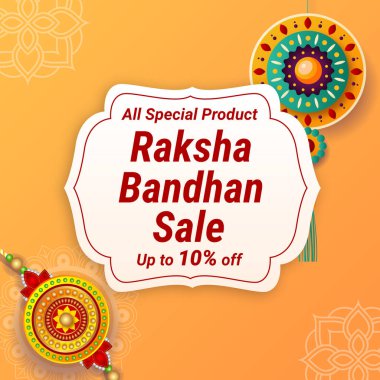 Raksha Bandhan 'ın portakal arka planda satışı afişi dekoratif Rakhi Tasarımı ve% 10' a kadar indirimli. Vektör. İllüzyon. % 10 indirimli. Tüm Özel Ürünler. 