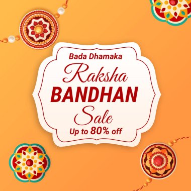 Köşelerinde renkli Rakhi tasarımları bulunan turuncu temalı Raksha Bandhan indirimli afişi. Merkez beyaz etikette 