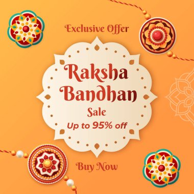 Raksha Bandhan 'ın satış posterinin vektör çizimi. Rakhi tasarımlarını turuncu bir arka planda renkli desenlerle süslüyor. Özel bir teklif. % 95 indirimli. Şimdi Al. 