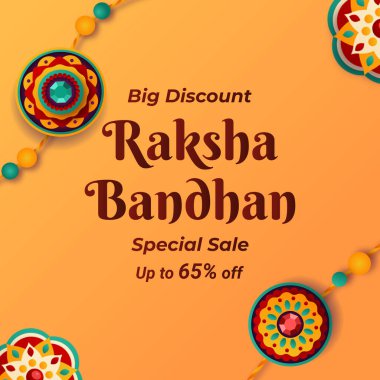 Dekoratif Rakhi tasarımlı turuncu arka plan. Büyük indirim, Raksha Bandhan, özel indirim,% 65 indirimli. Rakhi elementleri köşelere yerleştirilir. % 65 indirimli. Büyük İndirim.